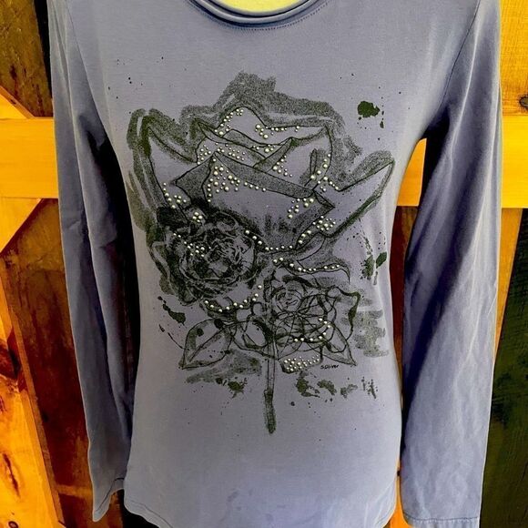S Oliver long sleeved cotton purple graphic floral tee with embellishments - Picture 2 of 6